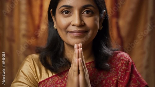 Portrait of a graceful Indian woman in a traditional sari offering a respectful welcome with the Namaste gesture, a symbol of cultural hospitality