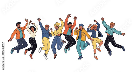 Joyful Group of Diverse Friends Jumping in Celebration, Embracing Unity and Happiness Together