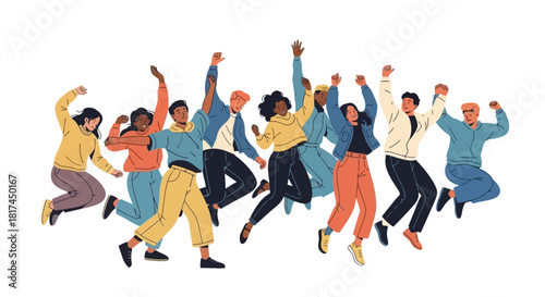 Diverse Group of Joyful People Jumping with Arms Raised in Celebration and Happiness