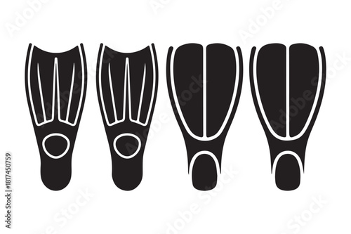 Four black diving fins arranged in a row