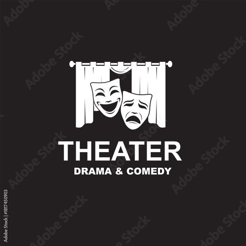 icon of comedy and tragedy theatrical masks with curtains isolated on black background