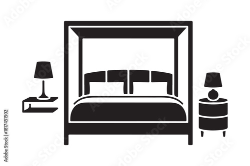 Elegant four poster bed with nightstands and lamps silhouette