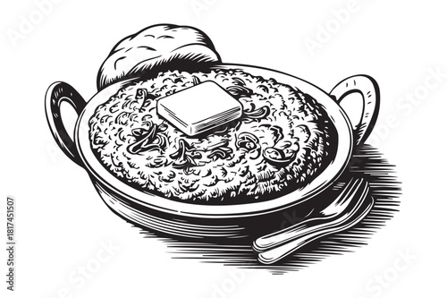 Hearty bowl of grits with butter and biscuit illustration
