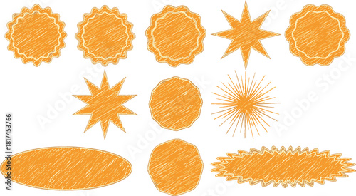Collection of Orange Starburst and Round Shapes with Scribed Texture on White Background, Graphic Elements