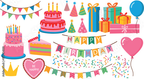 Colorful Birthday Party Elements Cakes, Gifts, Banners, Confetti, and Decorations for Celebrations