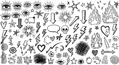 Hand-drawn doodle icons stars, hearts, lightning bolts, eyes, and flames for graphic design