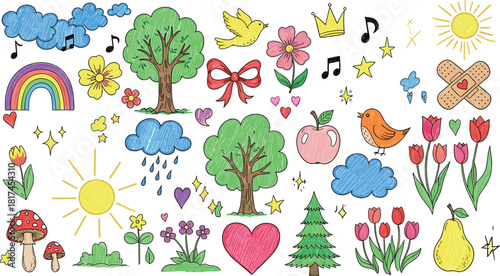 Whimsical Hand-Drawn Nature and Everyday Objects Doodle Collection for Children's Creative Projects and Fun Designs, Isolated Elements