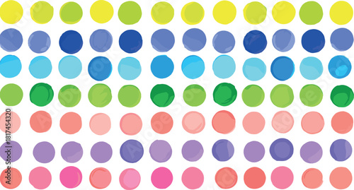 A vibrant collection of hand-painted watercolor circles arranged in organized rows, creating a cheerful and colorful abstract polka dot pattern