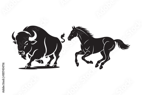 Silhouette of a powerful bull and a galloping horse side by side
