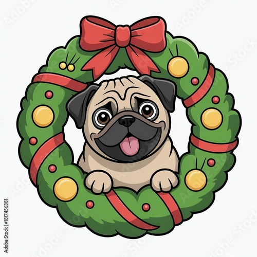 pug and christmas wreath illustration 
