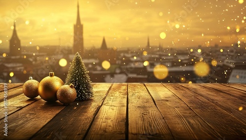 Fototapeta Naklejka Na Ścianę i Meble -  Golden Christmas background with bokeh lights and decorations on a wooden table