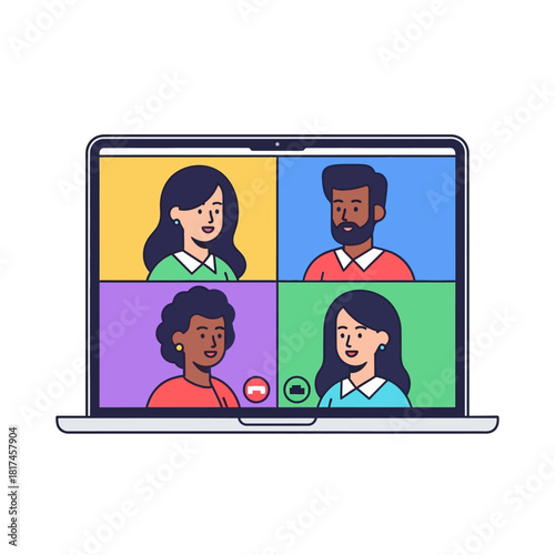Diverse professional team members are shown communicating during a video conference call on a laptop screen in a grid layout, created as a modern 2D flat vector illustration.