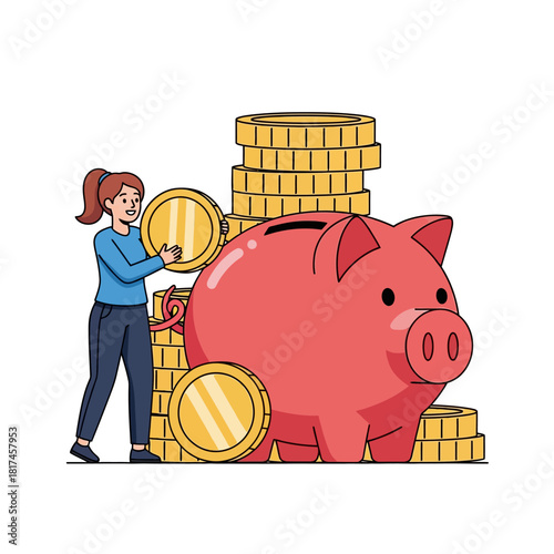 Happy young woman stacking oversized gold coins next to a large pink piggy bank, symbolizing successful financial planning and wealth accumulation in this vibrant 2D flat vector.