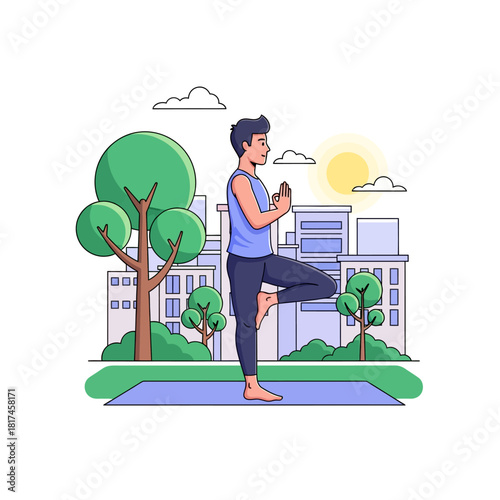 Vibrant 2D flat vector illustration showing a young man practicing the yoga tree pose (Vrikshasana) on a mat in a sunny urban park with stylized greenery and city structures.