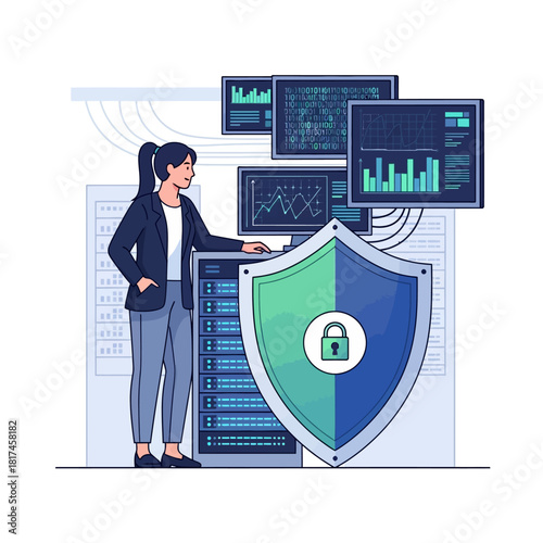 Female system administrator monitors binary code on screens in a server room next to a giant cybersecurity shield icon, presented as a vibrant 2D flat vector illustration.