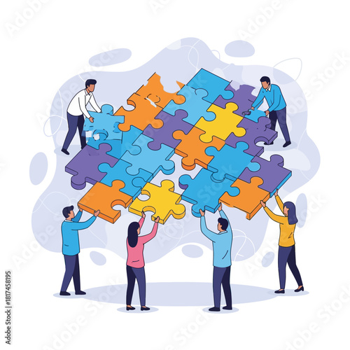 Diverse team collaboration is shown successfully completing a complex floating jigsaw puzzle by inserting the final piece in this simplified flat 2D vector illustration.