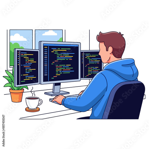 A focused male programmer sits comfortably working remotely at his office desk surrounded by multiple coding monitors, rendered as a simplified 2D flat vector illustration.