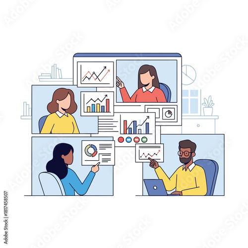 Diverse colleagues collaborate on a complicated project using a shared screen during a virtual video conference, depicted in a flat 2D vector illustration of remote home office teamwork.