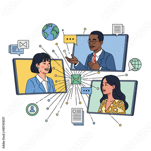 Diverse business people participate in a global remote video conference meeting across separate monitor screens, depicted in a vibrant 2D flat vector illustration symbolizing digital teamwork.