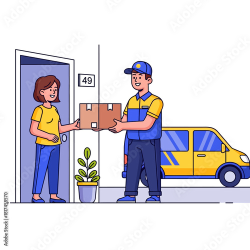 A smiling customer happily accepts a sealed box package from a friendly delivery person standing by their home doorway in this vibrant 2D flat vector illustration.