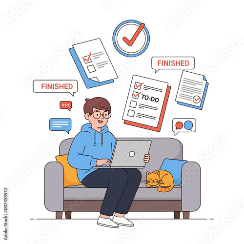 A happy freelancer works remotely on a laptop from a comfy couch with a resting cat nearby, surrounded by floating productivity icons in a vibrant 2D flat illustration.