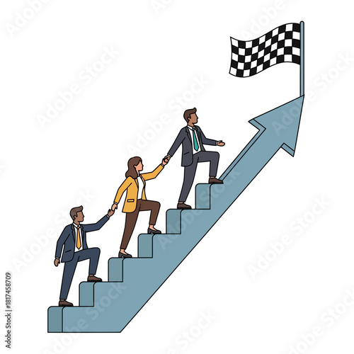 Teamwork and business progress are shown as diverse professionals climb a massive upward arrow path toward a finish line flag, rendered in a simplified 2D flat vector illustration style.