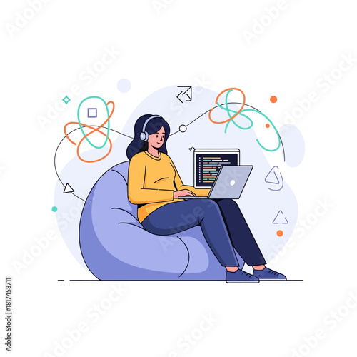 Flat 2D vector illustration of a female programmer coding comfortably on a beanbag chair, holding a laptop with lines of code against a vibrant, abstract connectivity background.