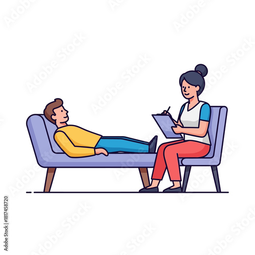 Mental health support is depicted in this vibrant flat vector illustration of a female psychologist conducting a therapy session with a relaxed male patient lying on a clinic couch.