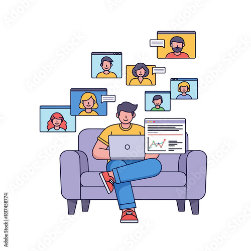 Remote work vector illustration showing a freelance professional comfortably seated on a sofa using a laptop during a virtual meeting with floating video call screens.