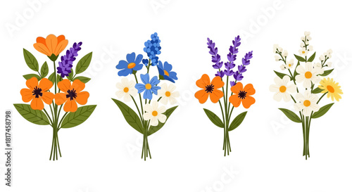 A charming collection of four vibrant floral bouquets, each elegantly arranged with a variety of colorful blooms and greenery, perfect for any occasion