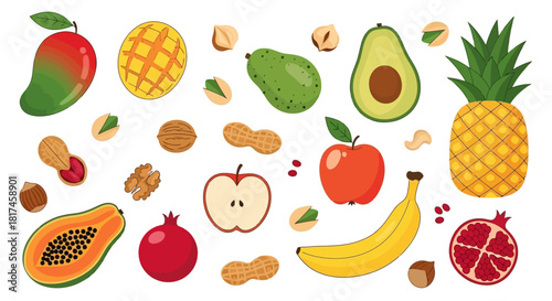 A colorful and healthy assortment of various fresh fruits and nutritious nuts, including tropical and common varieties, perfect for a balanced diet and snack collection
