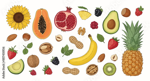 Vibrant Assortment of Colorful Fruits, Vegetables, and Nuts A Delicious and Healthy Feast