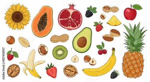 A vibrant and diverse collection of fresh fruits and nuts, showcasing a healthy and natural assortment of vibrant colors and textures