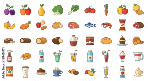 Diverse flat design vector icons food, drinks, and ingredients for digital menus, nutrition apps, and culinary web projects, promoting healthy eating and grocery themes