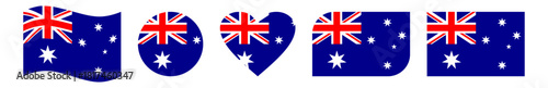 Vector icon set of the Australian flag with wavy, circular, heart-shaped, rounded, and rectangular designs in blue, red, and white for patriotic and graphic projects. Vector illustration of the nation