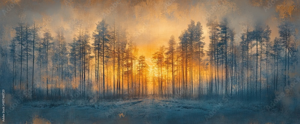 Fototapeta premium Panoramic photograph of a beautiful winter sunrise in a forest