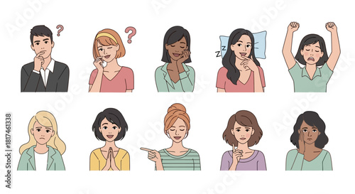 Diverse range of illustrated men and women showing various human emotions and expressions, including confusion, happiness, tiredness, gratitude, and curiosity