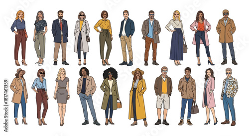 A comprehensive illustration showcasing a diverse group of stylish individuals, both men and women, modeling various contemporary fashion outfits suitable for different seasons and occasions
