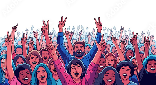 Vibrant illustration of a diverse and joyful crowd of people cheering enthusiastically with hands raised in a collective celebration of success and unity, showcasing happiness and support