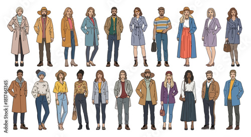 Collection of diverse men and women illustrations showcasing modern casual and smart-casual fashion styles for autumn and winter, representing urban trends and everyday elegance