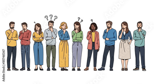 Contemplative individuals in a diverse group stand in a row, each person lost in thought, pondering questions, and facing various uncertainties, symbolizing deep thinking and problem-solving