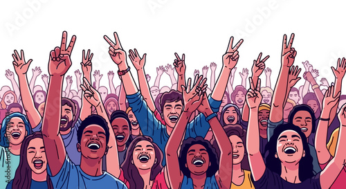 A vibrant illustration of a diverse, joyful crowd celebrating with raised hands and peace signs, symbolizing unity, victory, and collective enthusiasm for a cause or event