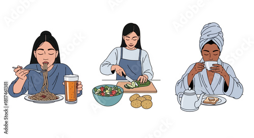 A collection of illustrations portraying routine lifestyle activities, from savoring a pasta dish and cooking a fresh salad to unwinding with a comforting hot beverage and toast