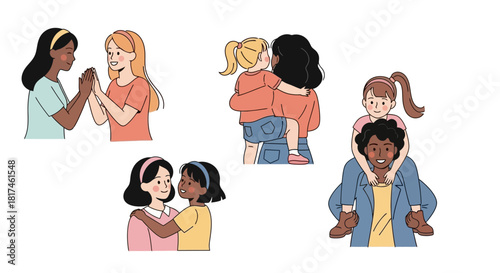 Heartfelt connections and diverse relationships illustrated, showcasing tender moments of love, support, and togetherness among various individuals