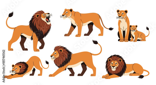 Stylized vector illustrations showcasing a family of African lions, lionesses, and their cubs in various dynamic poses, representing strength, grace, and wildlife