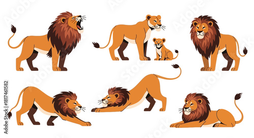 Illustrated lions in various dynamic poses roaring, stretching, standing. Features a powerful male, a protective lioness, and a playful cub. Majestic wildlife art