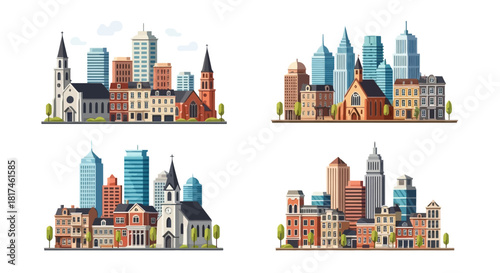 Vibrant collection of flat design cityscapes, perfect for urban development concepts, featuring modern skyscrapers and traditional architectural structures