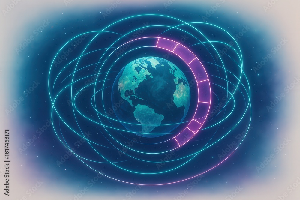 Naklejka premium Global connectivity represented through digital orbiting lines around Earth showcasing integration of technology and innovation in modern society promoting global awareness