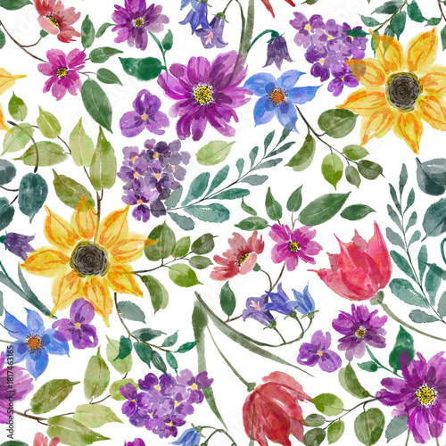 Cuadro en lienzo Seamless repeat pattern featuring loose-stylised watercolor flowers and leaves, floral design