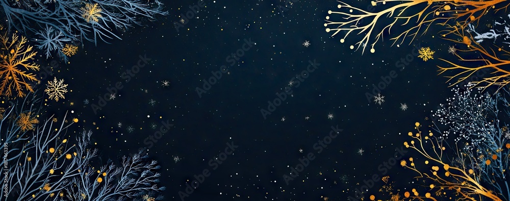 Fototapeta premium Set of blue and gold vector frames with winter tree branches, snowflakes, and a starry sky for a social media post template